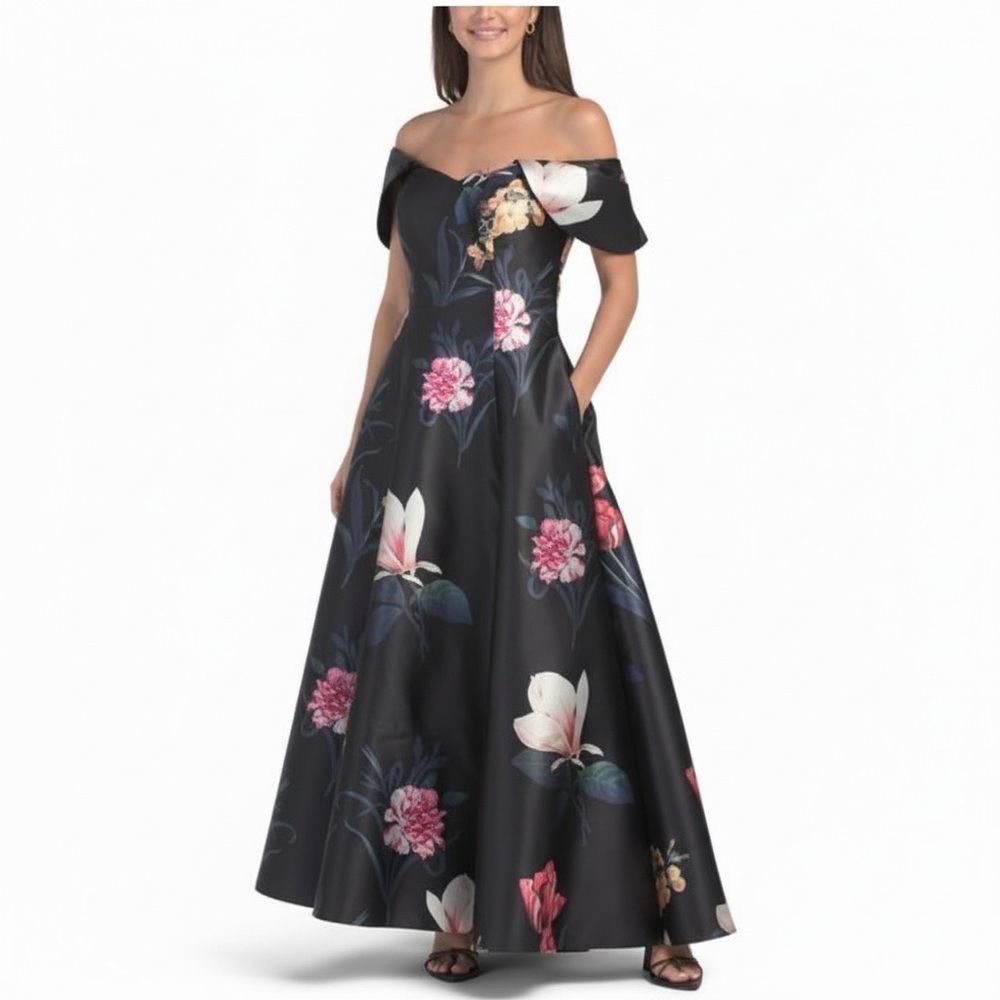 RENE BY RENE RUIZ Off The Shoulder Floral Tea Length Pockets Dress Evening Gown